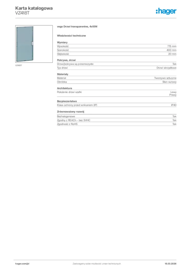 Zdjęcie Hager Karta katalogowa VZ418T | Hager Polska