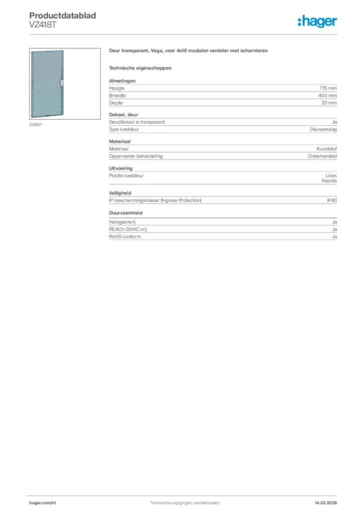 Afbeelding Hager Productdatablad VZ418T | Hager Nederland