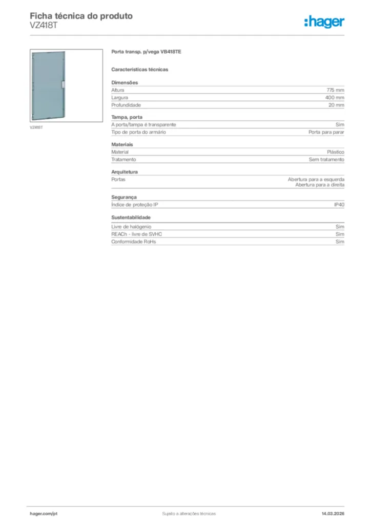 Imagem Hager Ficha técnica do produto VZ418T | Hager Portugal
