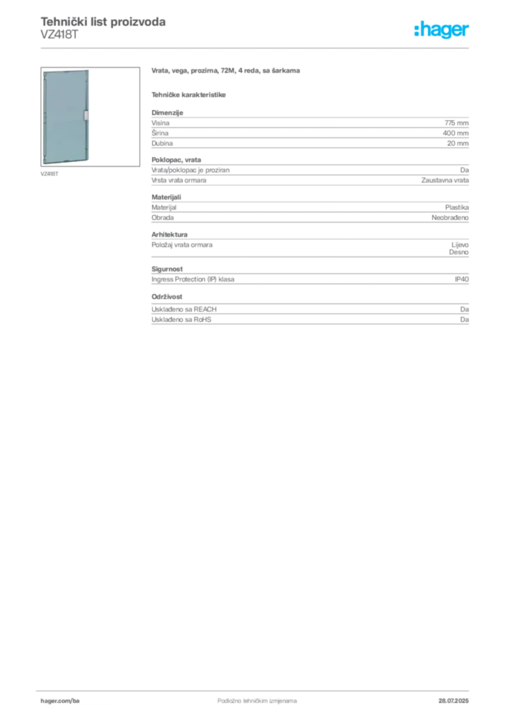 Slika Hager Product data sheet VZ418T  | Hager