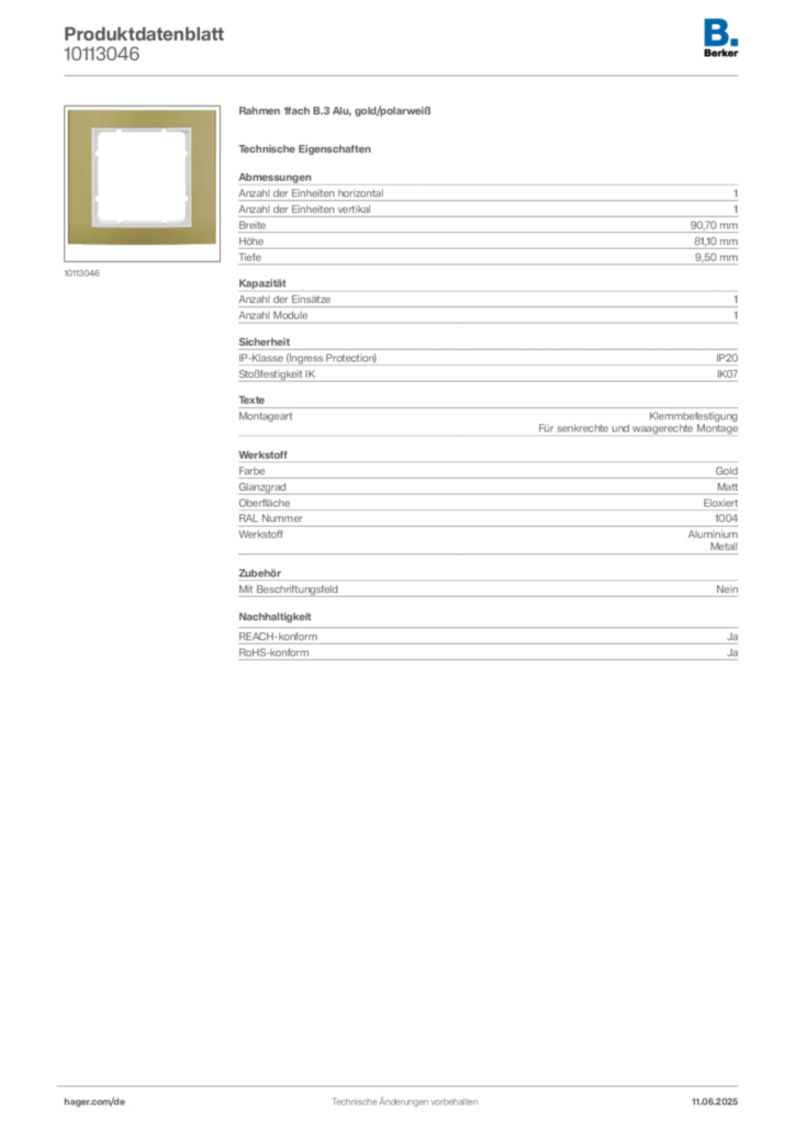 Bild Berker Produktdatenblatt 10113046 | Hager Deutschland
