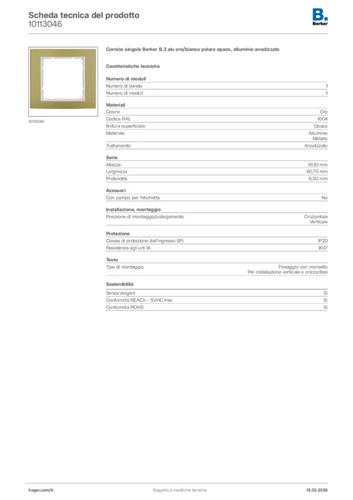 Immagine Berker Scheda tecnica del prodotto 10113046 | Hager Italia