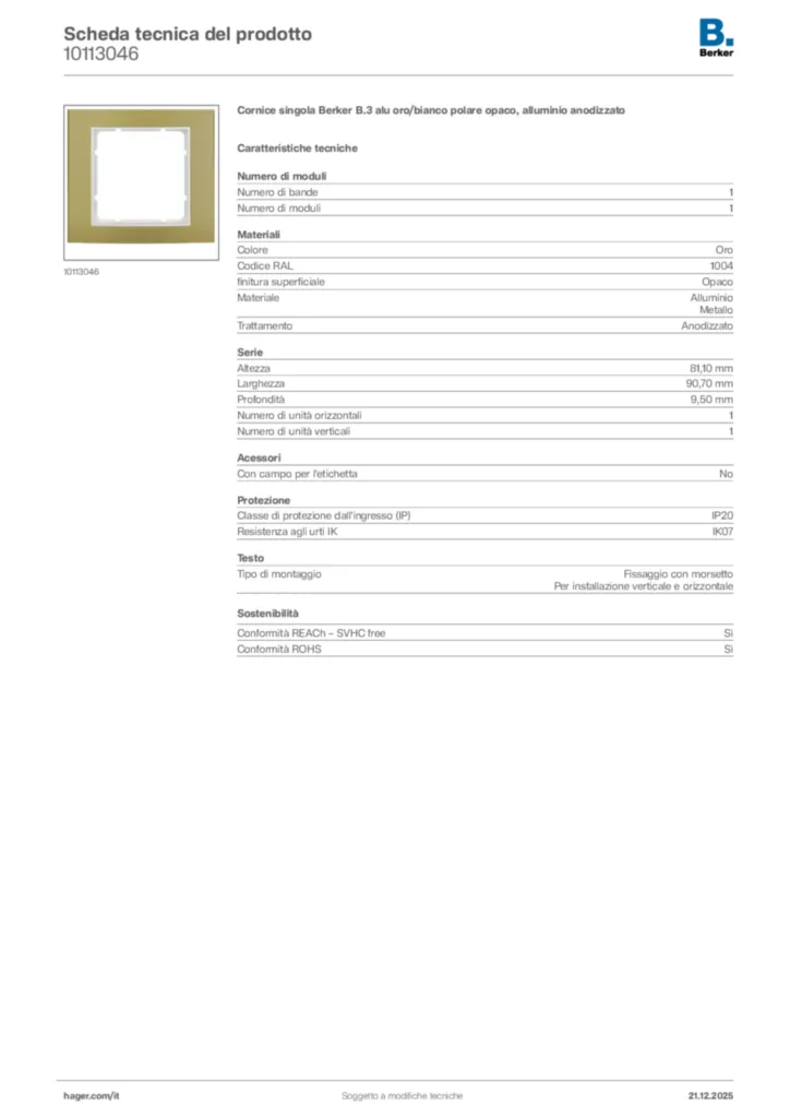 Immagine Berker Scheda tecnica del prodotto 10113046 | Hager Italia