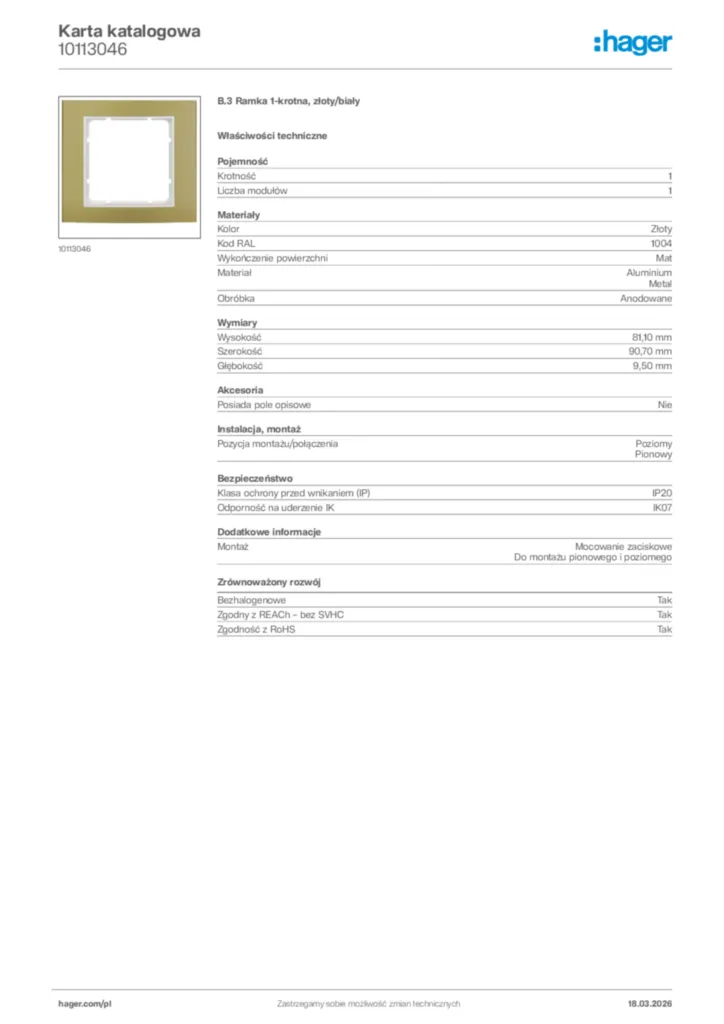 Zdjęcie Hager Karta katalogowa 10113046 | Hager Polska