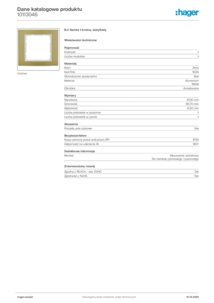 Zdjęcie Hager Dane katalogowe produktu 10113046 | Hager Polska