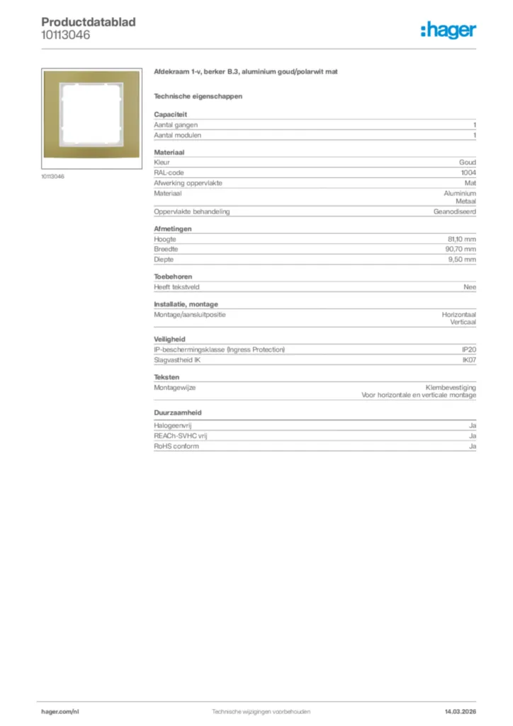 Afbeelding Hager Productdatablad 10113046 | Hager Nederland