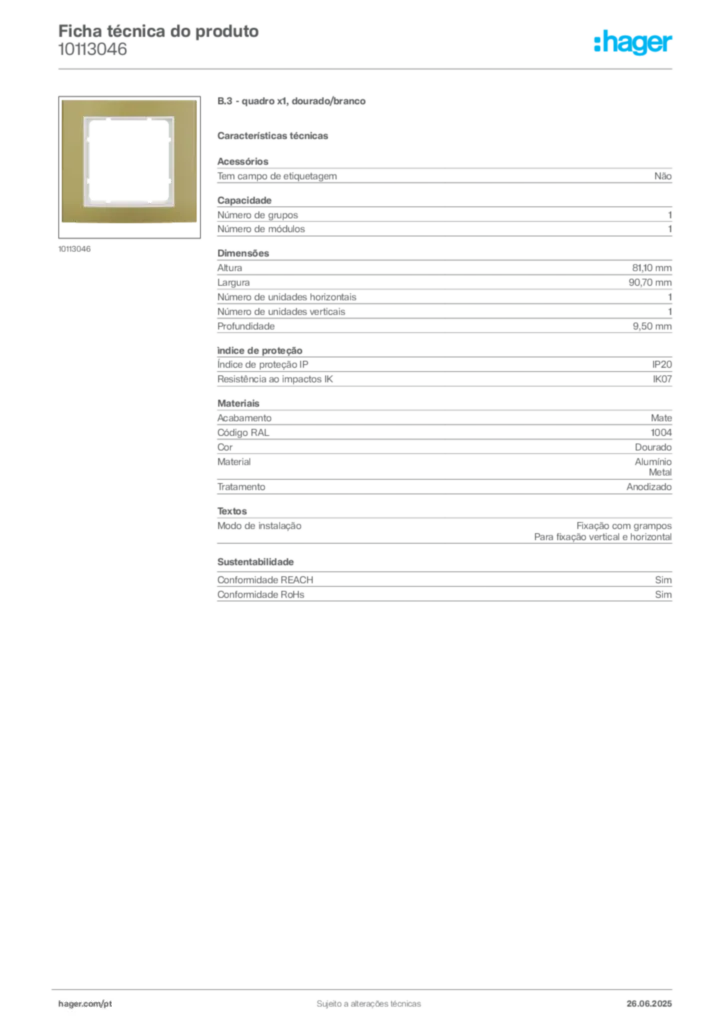 Imagem Hager Ficha técnica do produto 10113046 | Hager Portugal
