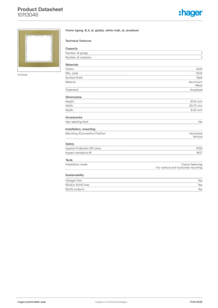 Image Hager Product data sheet 10113046  | Hager