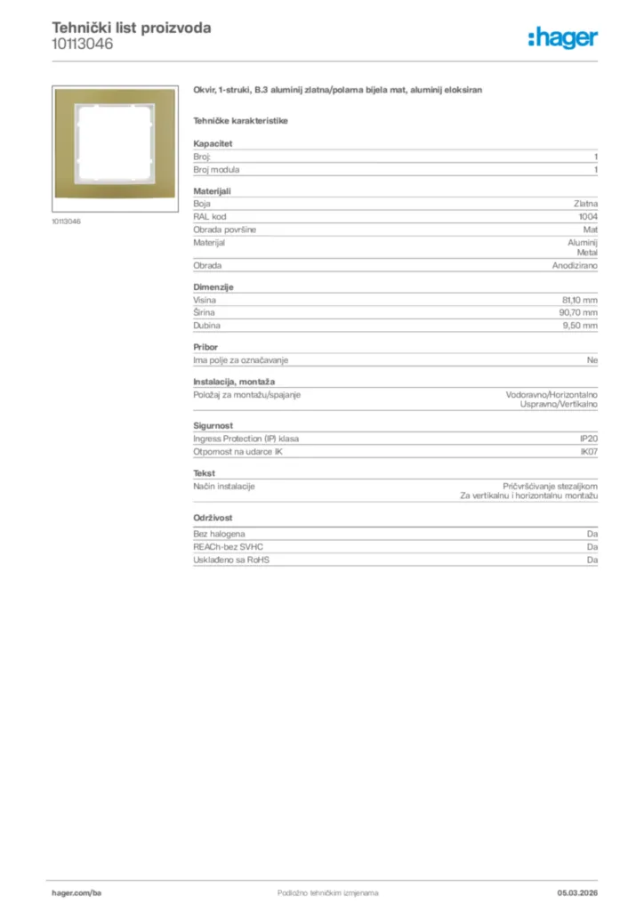 Slika Hager Tehnički list proizvoda 10113046  | Hager