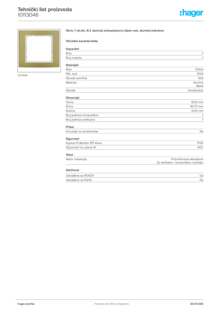 Slika Hager Product data sheet 10113046  | Hager