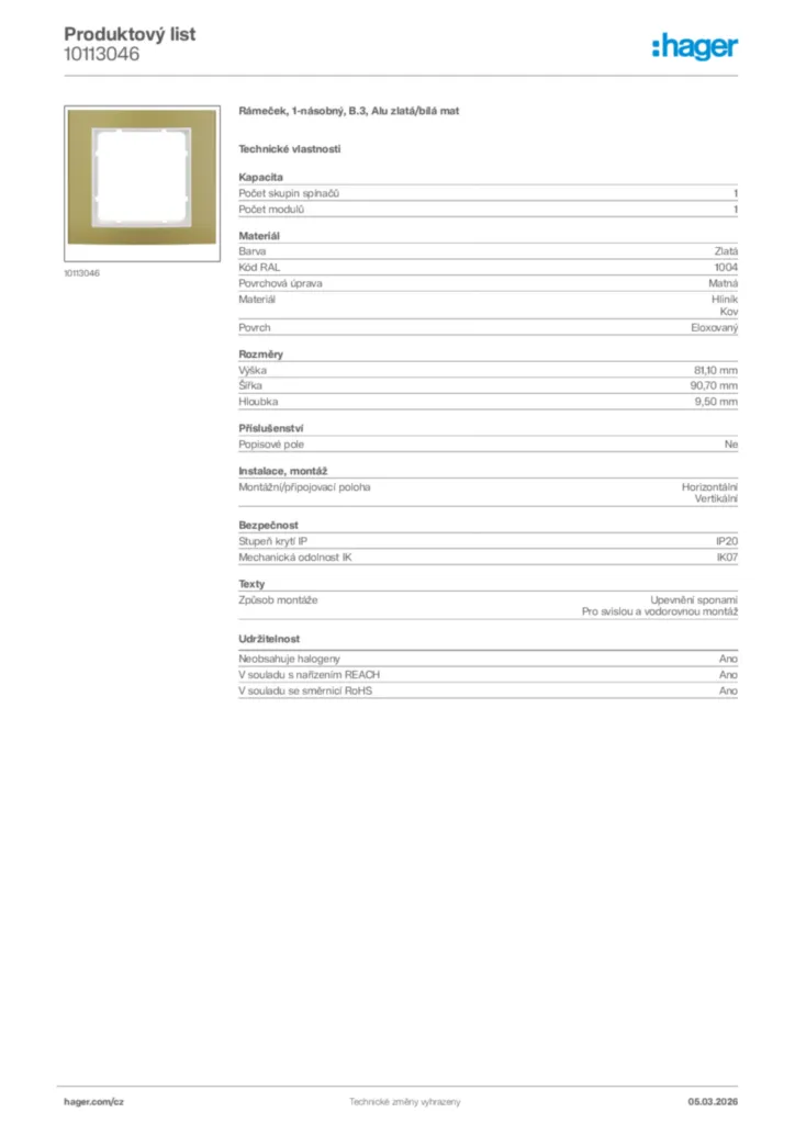 Obrázek Hager Product data sheet 10113046 | Hager