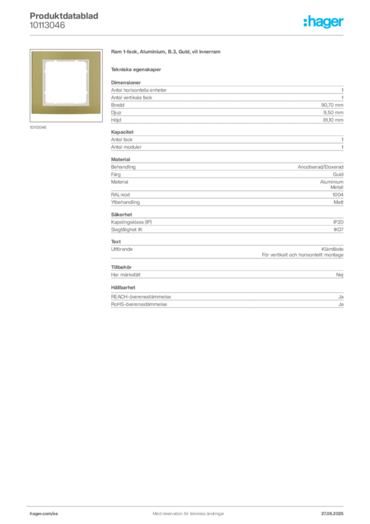 Bild Hager Produktdatablad 10113046 | Hager Sverige