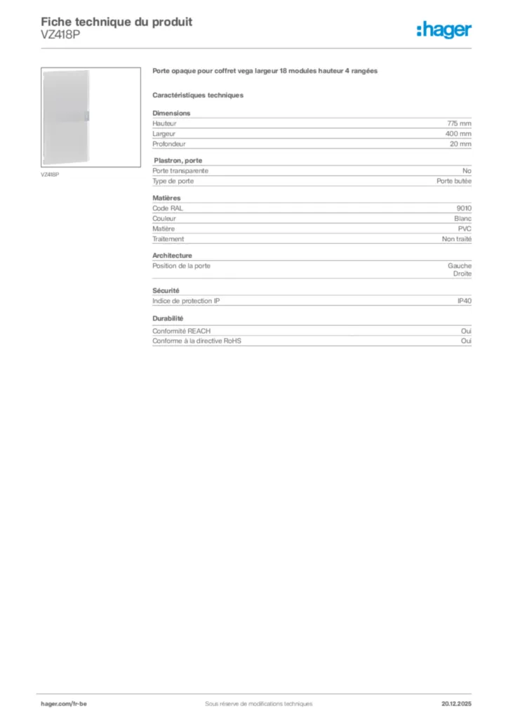 Image Hager Fiche technique du produit VZ418P | Hager Belgique