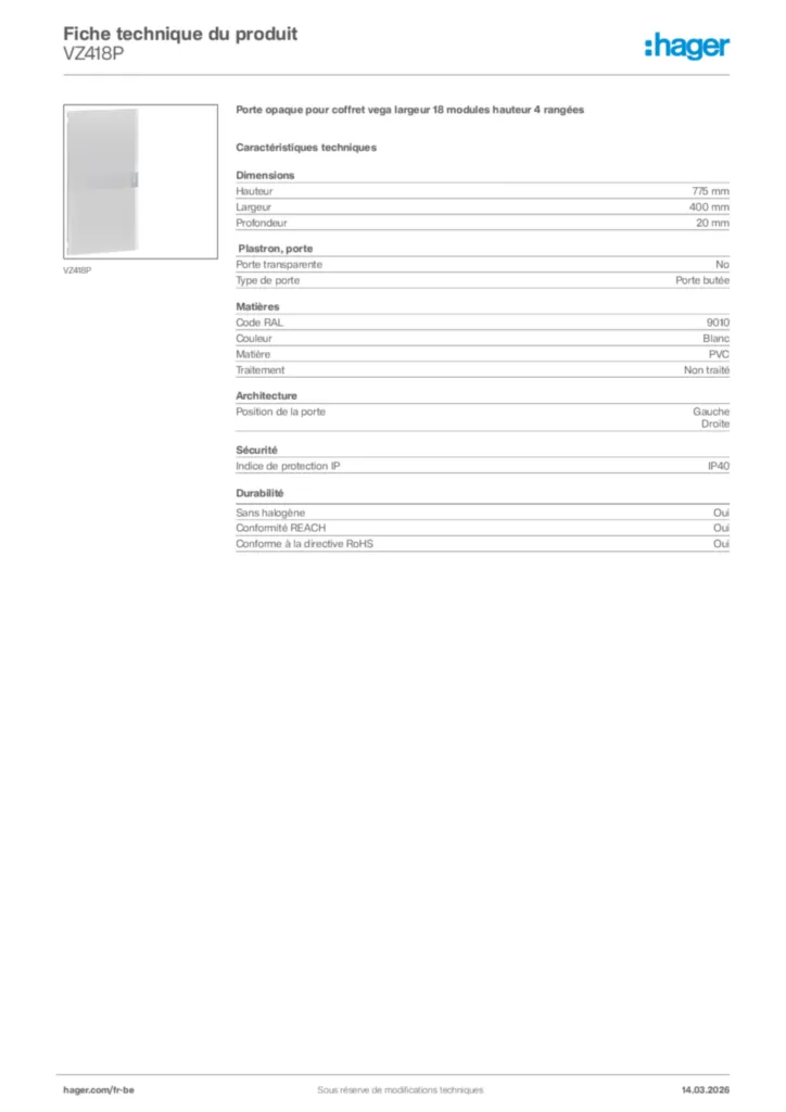Image Hager Fiche technique du produit VZ418P | Hager Belgique