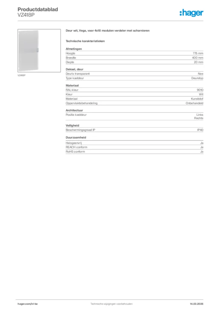 Afbeelding Hager Productdatablad VZ418P | Hager Belgium