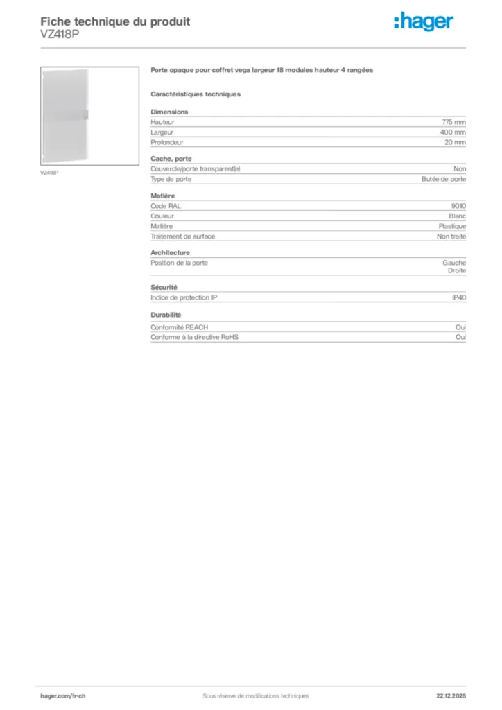 Image Hager Fiche technique du produit VZ418P | Hager Suisse