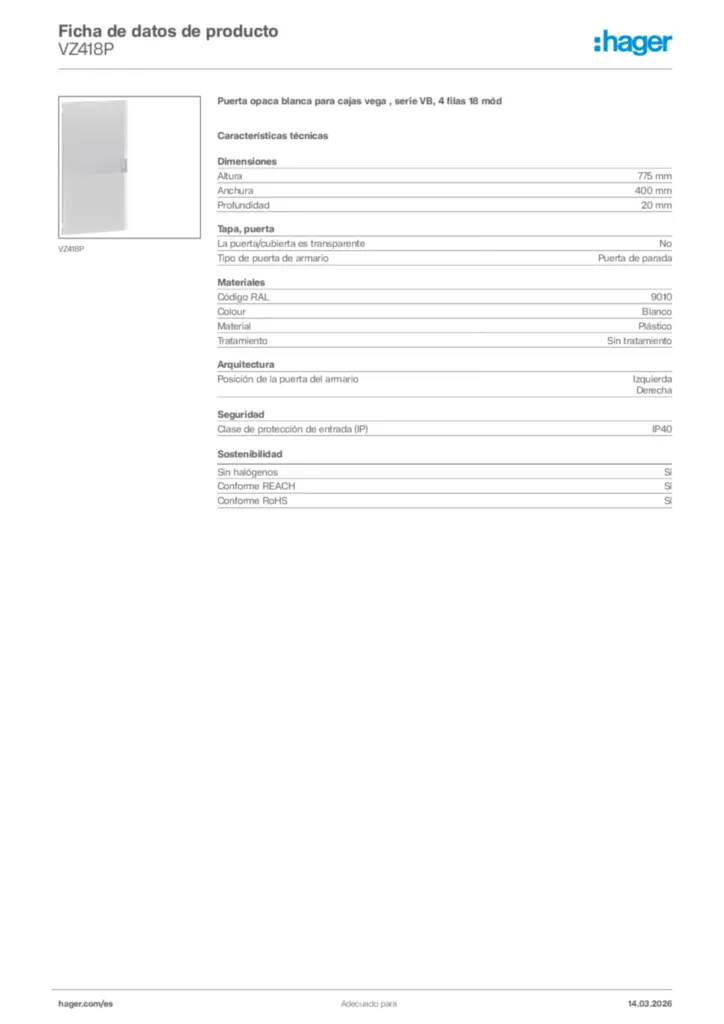Imagen Hager Ficha de datos de producto VZ418P | Hager España