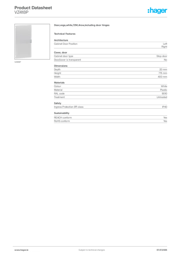 Image Hager Product data sheet VZ418P  | Hager