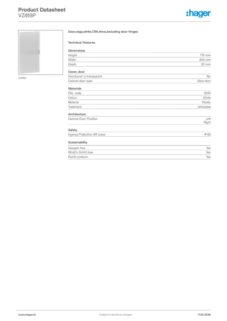 Image Hager Product data sheet VZ418P  | Hager