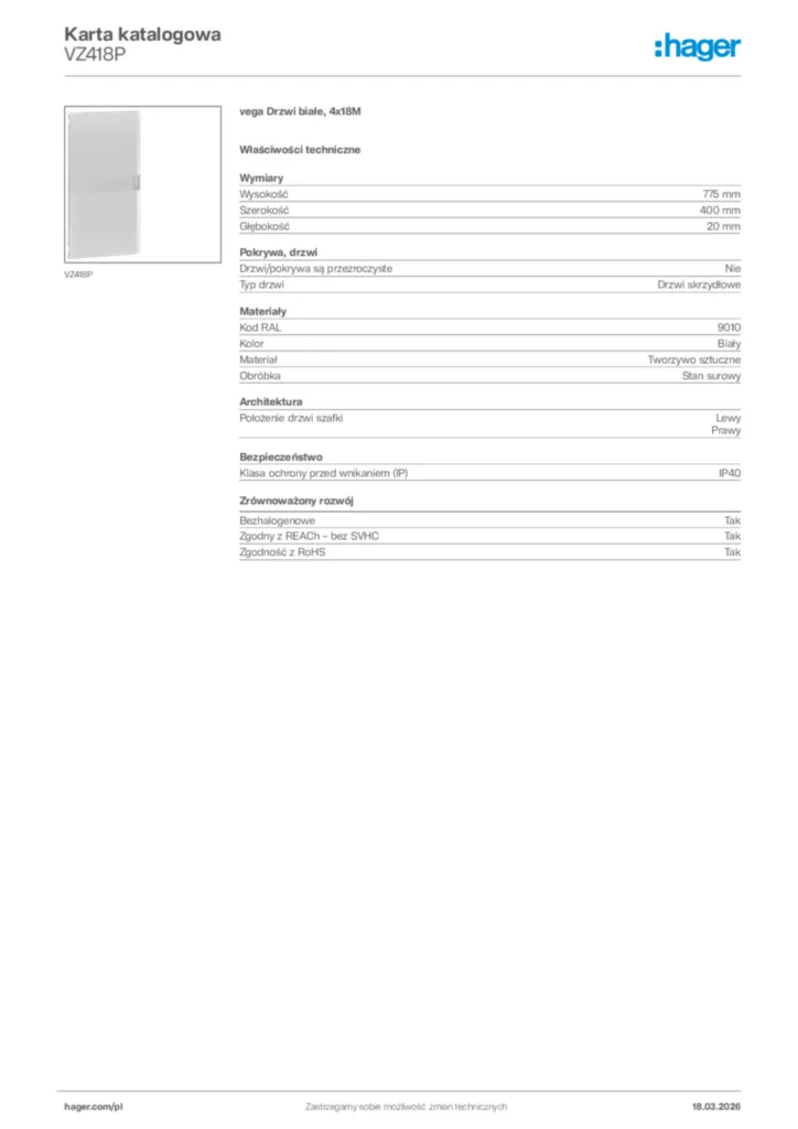Zdjęcie Hager Karta katalogowa VZ418P | Hager Polska