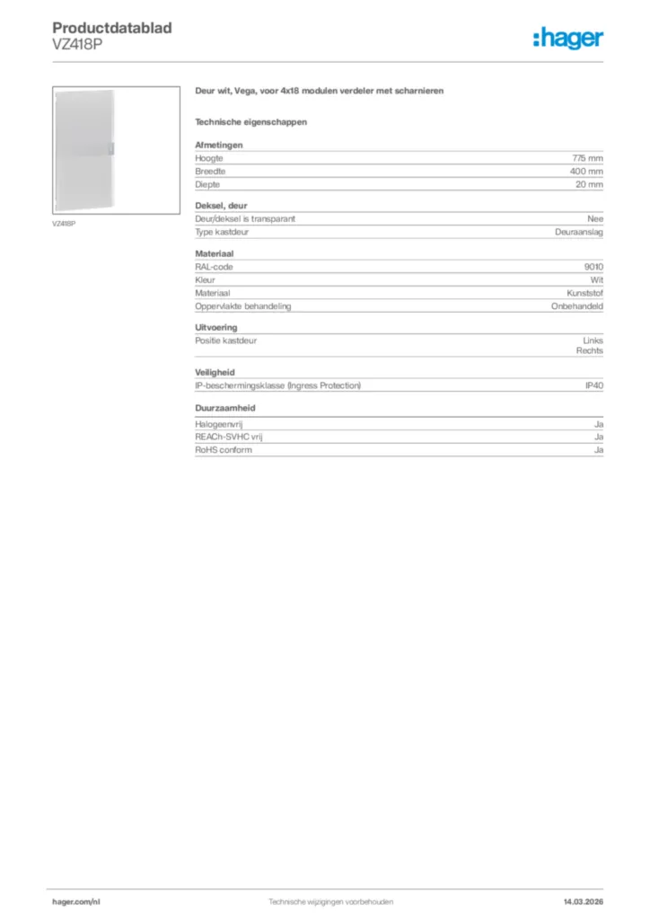 Afbeelding Hager Productdatablad VZ418P | Hager Nederland
