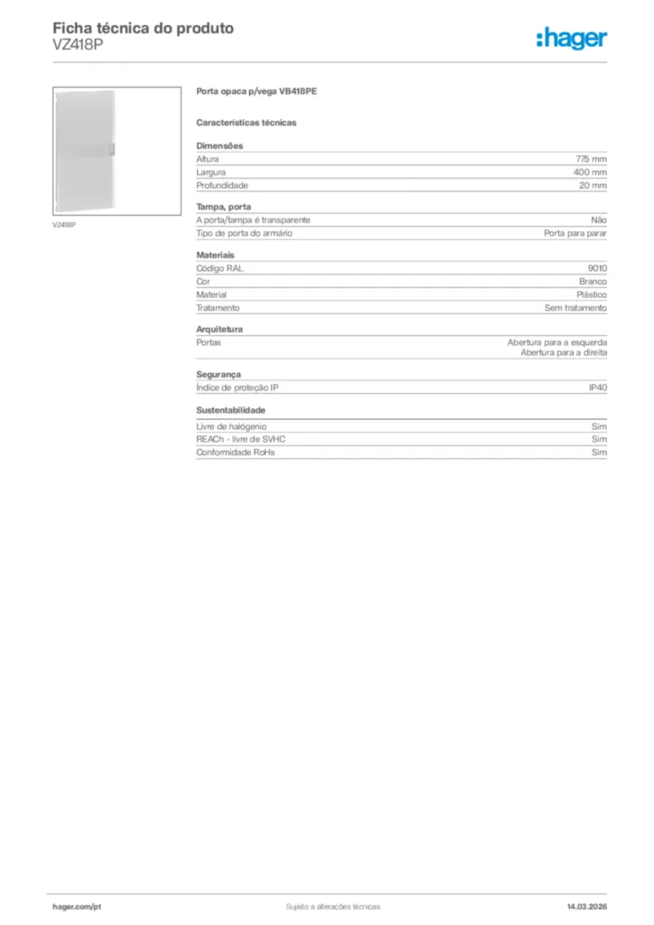Imagem Hager Ficha técnica do produto VZ418P | Hager Portugal