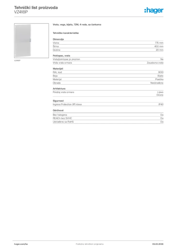 Slika Hager Tehnički list proizvoda VZ418P  | Hager
