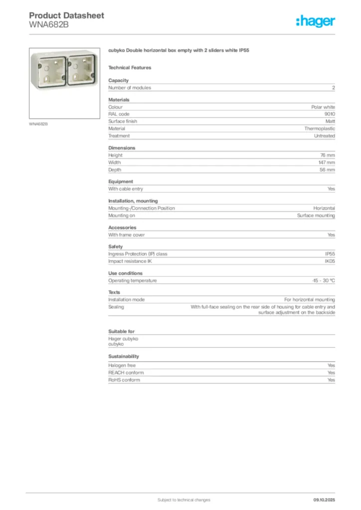 Image Hager Product data sheet WNA682B  | Hager Africa