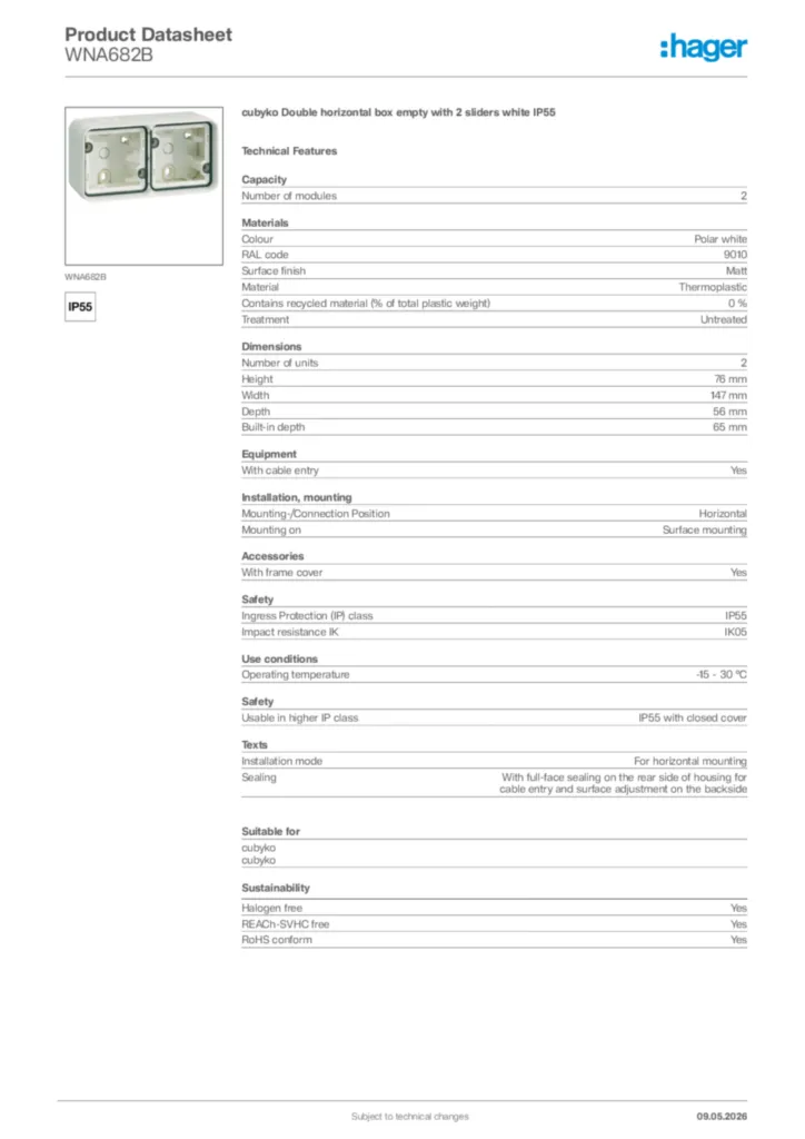 Image Hager Product data sheet WNA682B  | Hager Africa