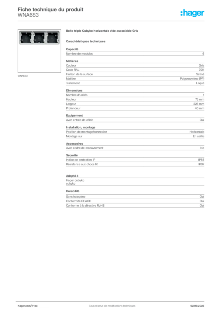 Image Hager Fiche technique du produit WNA683 | Hager Belgique