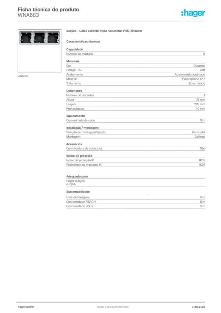 Imagem Hager Ficha técnica do produto WNA683 | Hager Portugal