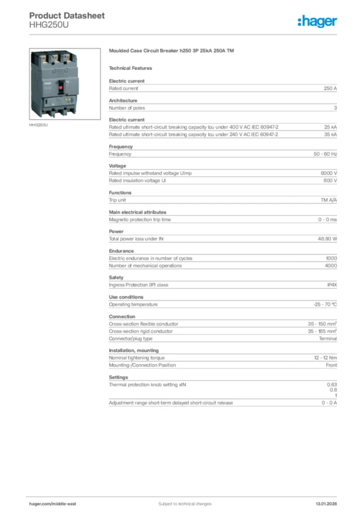 Image Hager Product data sheet HHG250U  | Hager