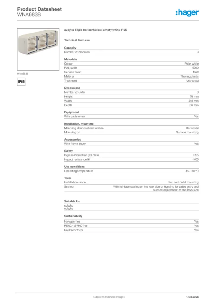 Image Hager Product data sheet WNA683B  | Hager Africa