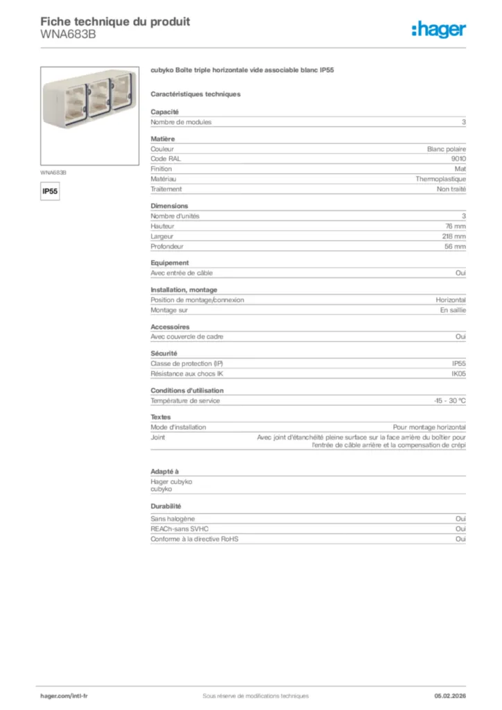 Image Hager Fiche technique du produit WNA683B | Hager Afrique