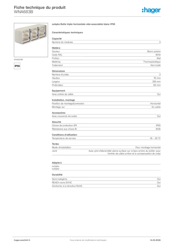 Image Hager Fiche technique du produit WNA683B | Hager Afrique