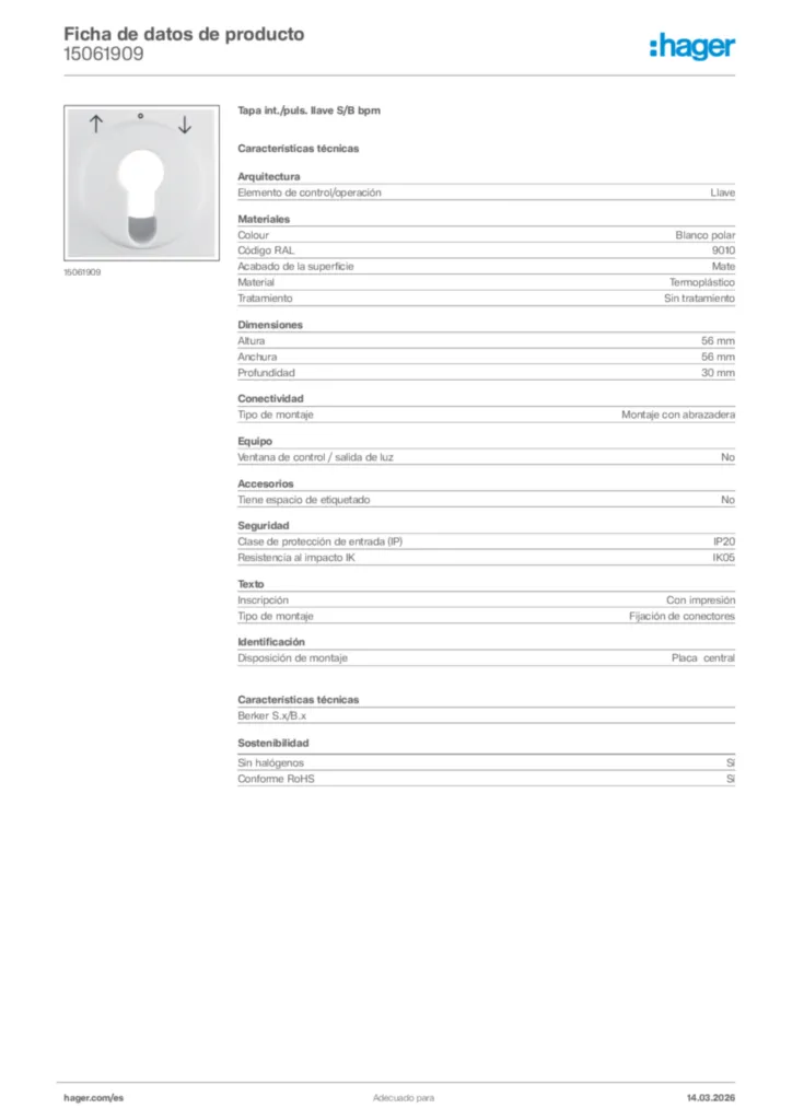 Imagen Hager Ficha de datos de producto 15061909 | Hager España