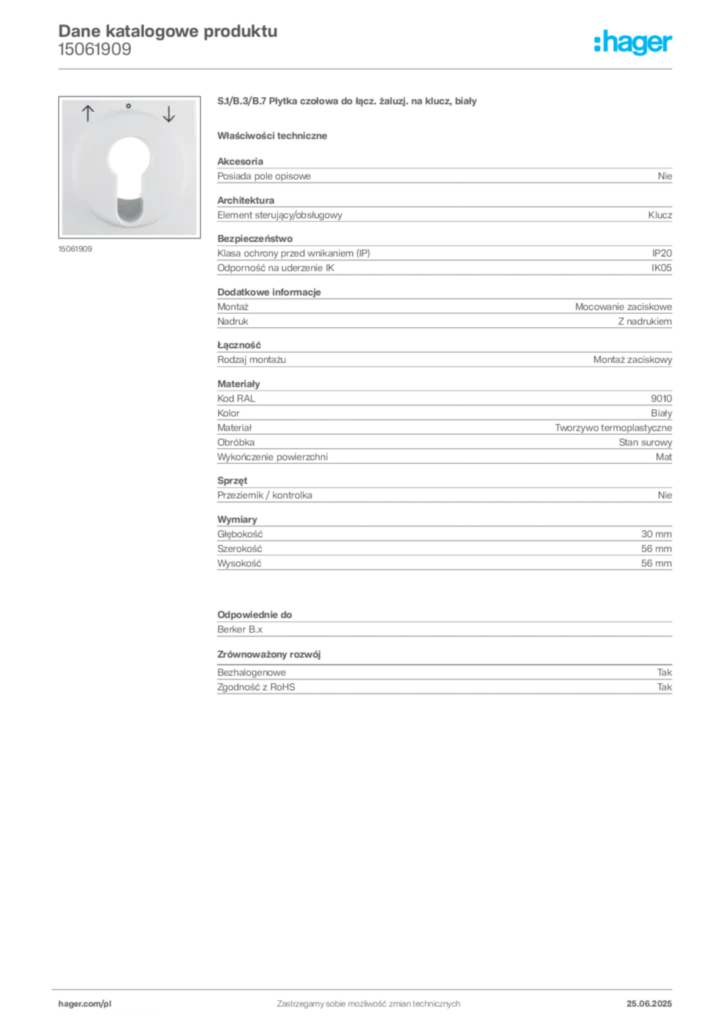 Zdjęcie Hager Dane katalogowe produktu 15061909 | Hager Polska