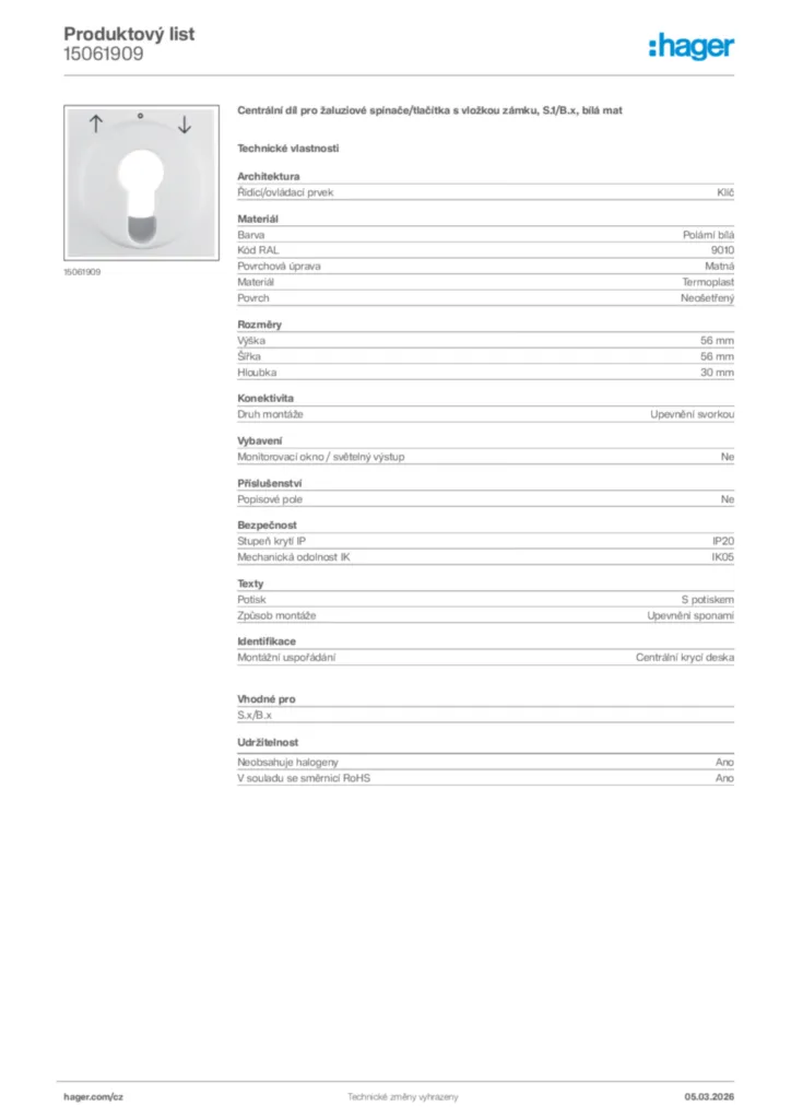 Obrázek Hager Product data sheet 15061909 | Hager