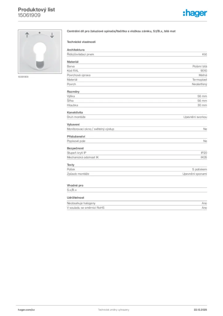 Obrázek Hager Produktový list 15061909 | Hager