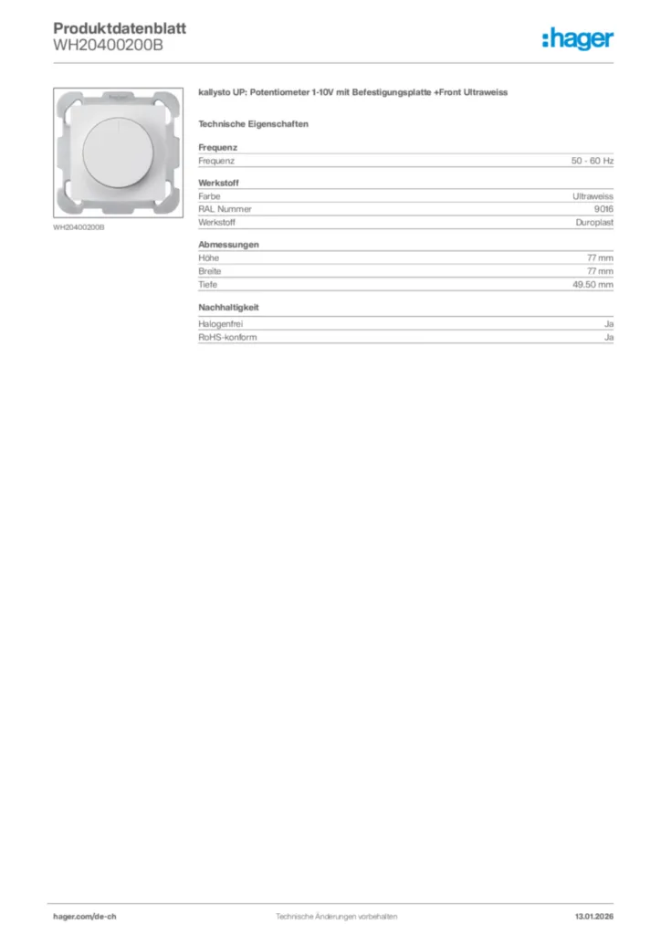 Bild Hager Produktdatenblatt WH20400200B | Hager Schweiz