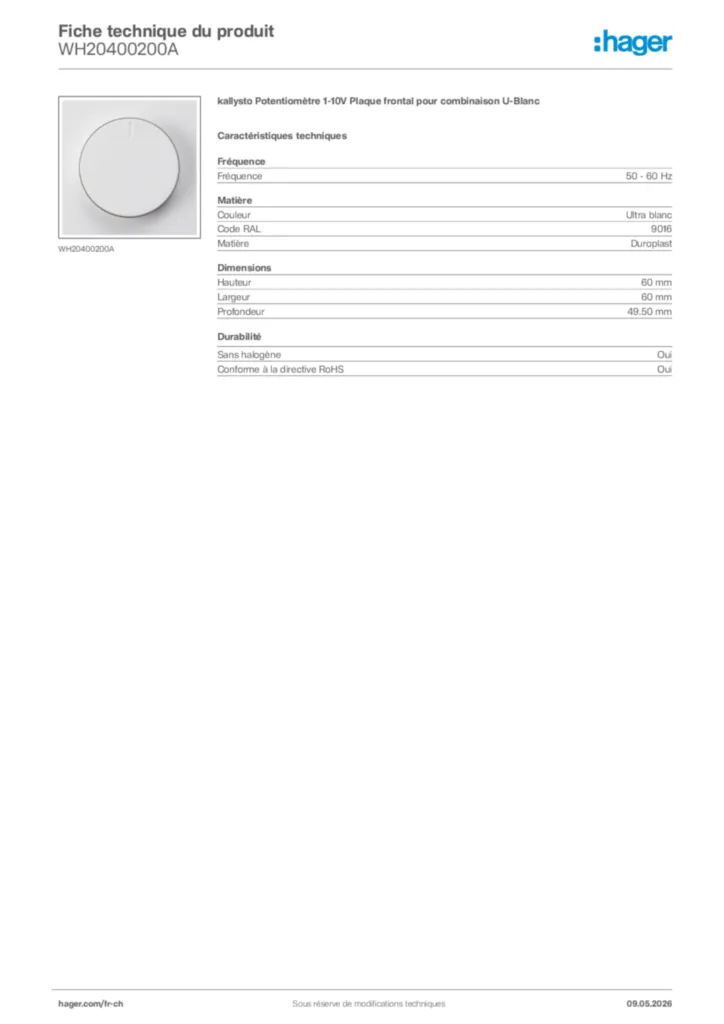 Image Hager Fiche technique du produit WH20400200A | Hager Suisse