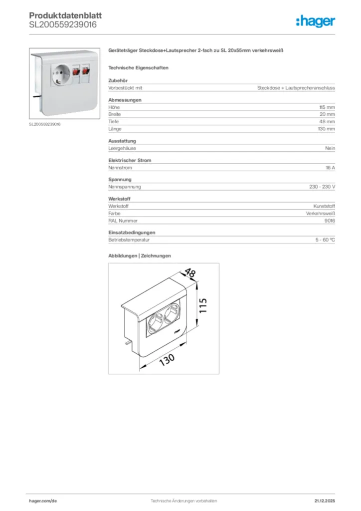 Bild Hager Produktdatenblatt SL200559239016 | Hager Deutschland