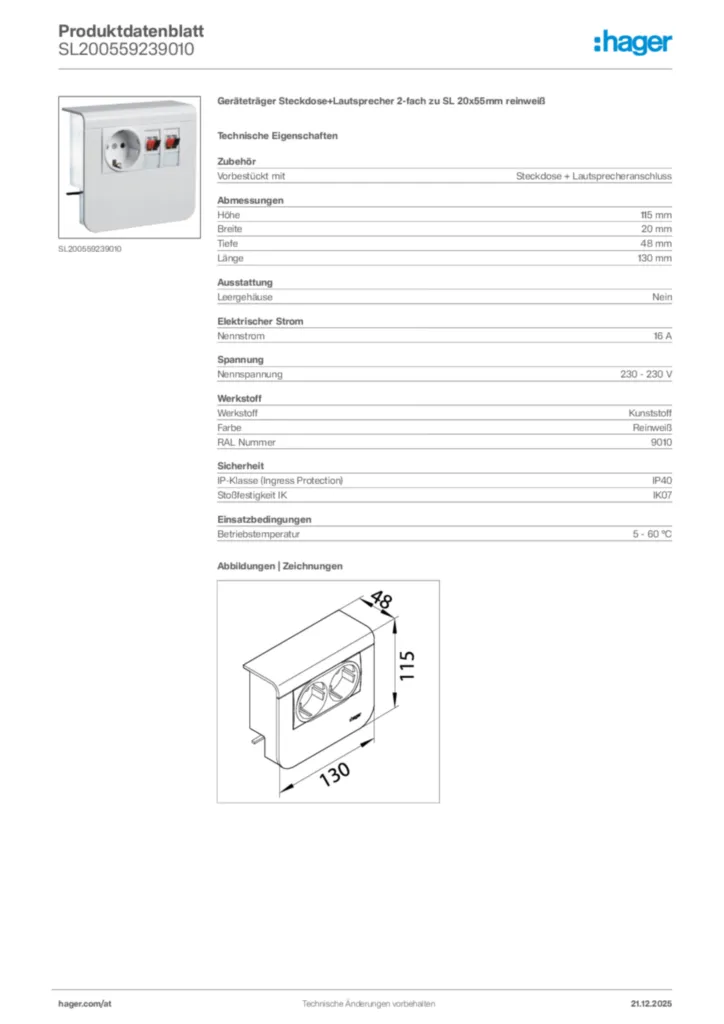 Bild Hager Produktdatenblatt SL200559239010 | Hager Deutschland