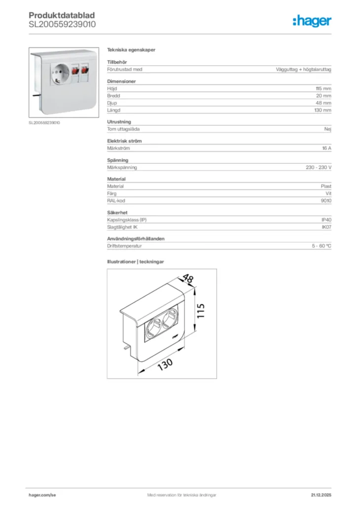 Bild Hager Produktdatablad SL200559239010 | Hager Sverige