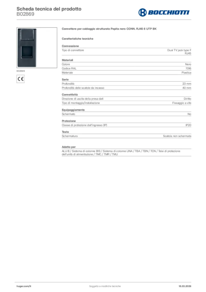 Immagine Bocchiotti Scheda tecnica del prodotto B02869 | Hager Italia
