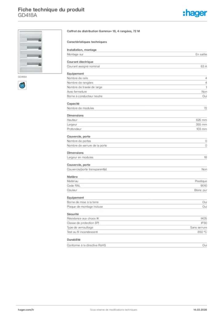 Image Hager Fiche technique du produit GD418A | Hager France