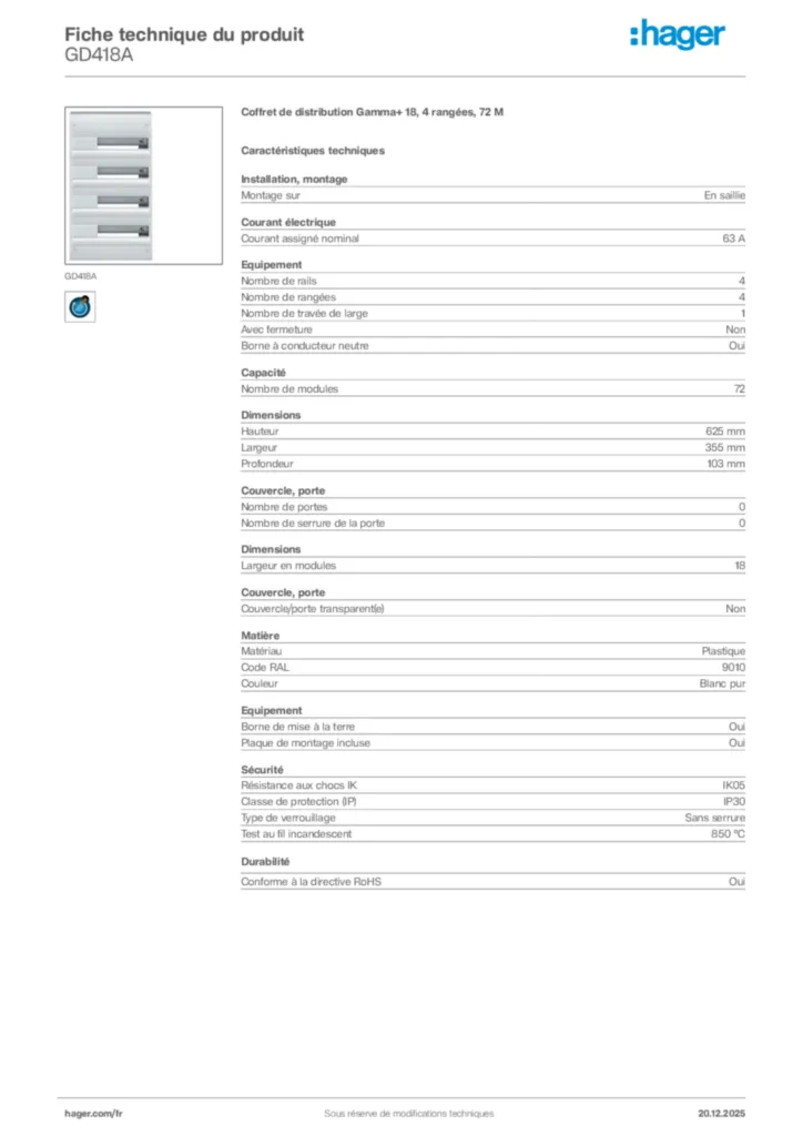 Image Hager Fiche technique du produit GD418A | Hager France