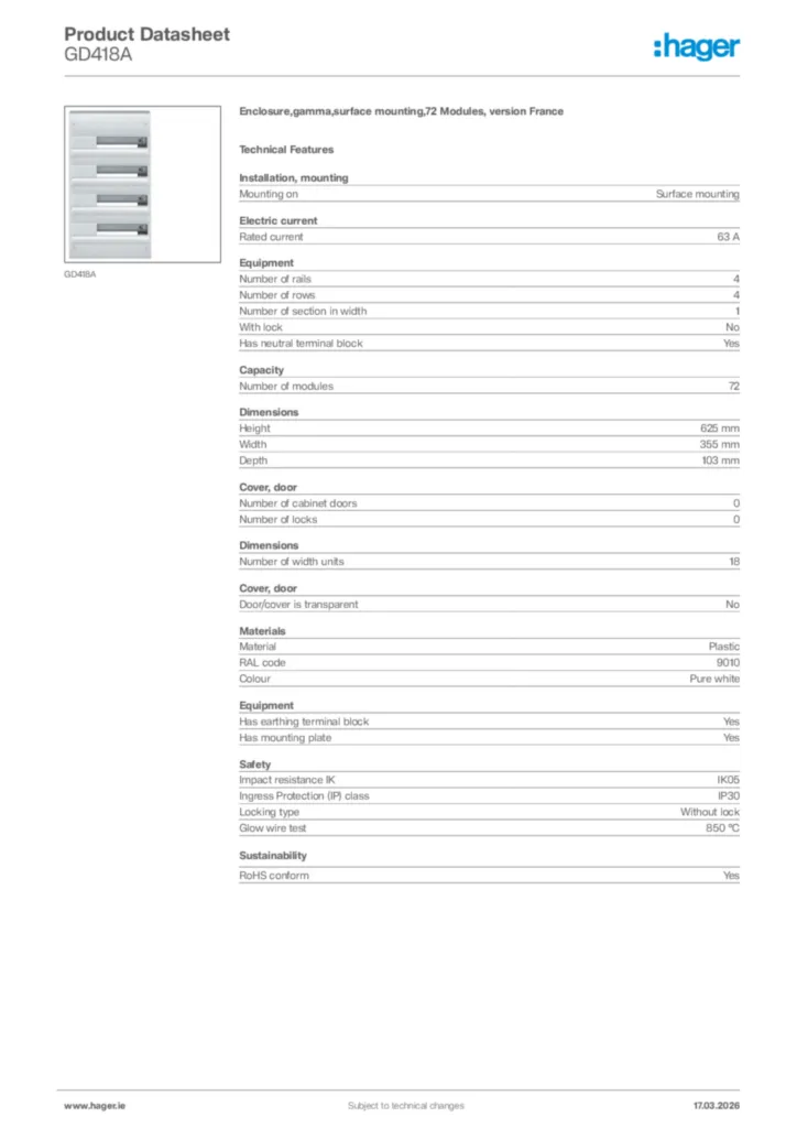 Image Hager Product data sheet GD418A  | Hager