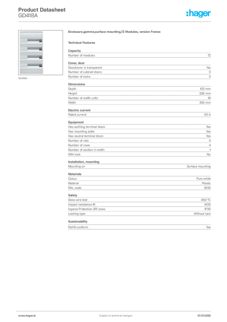 Image Hager Product data sheet GD418A  | Hager