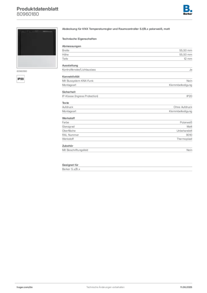 Berker Produktdatenblatt 80960180